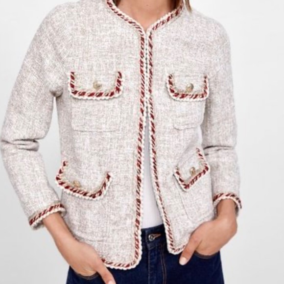 Zara texture jacket/blazer beige cream  with contrast piping pockets & buttons - Picture 4 of 11